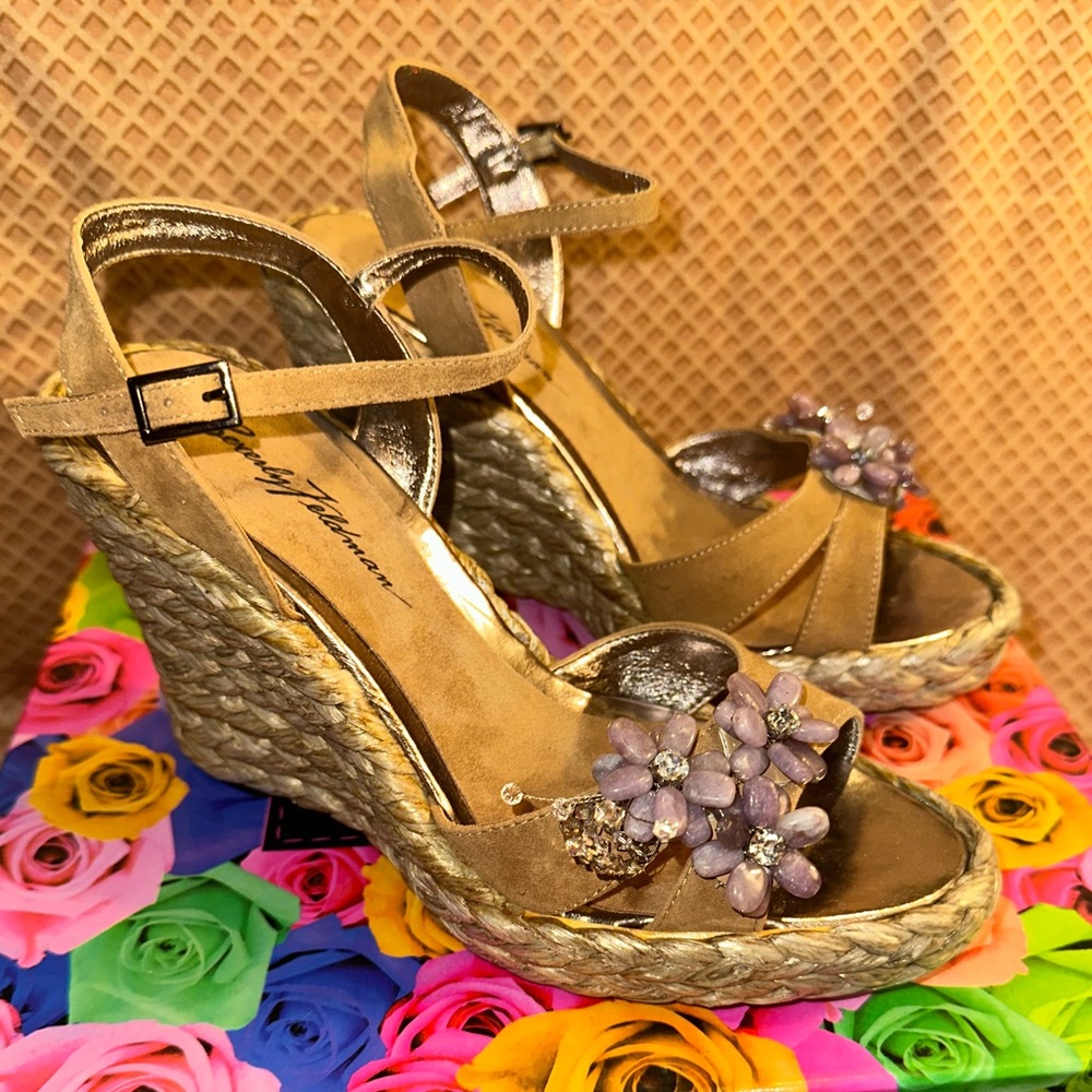 Rare Beverly Feldman Designer “Adieu” Beige Suede Strap, High Rattan Wedges